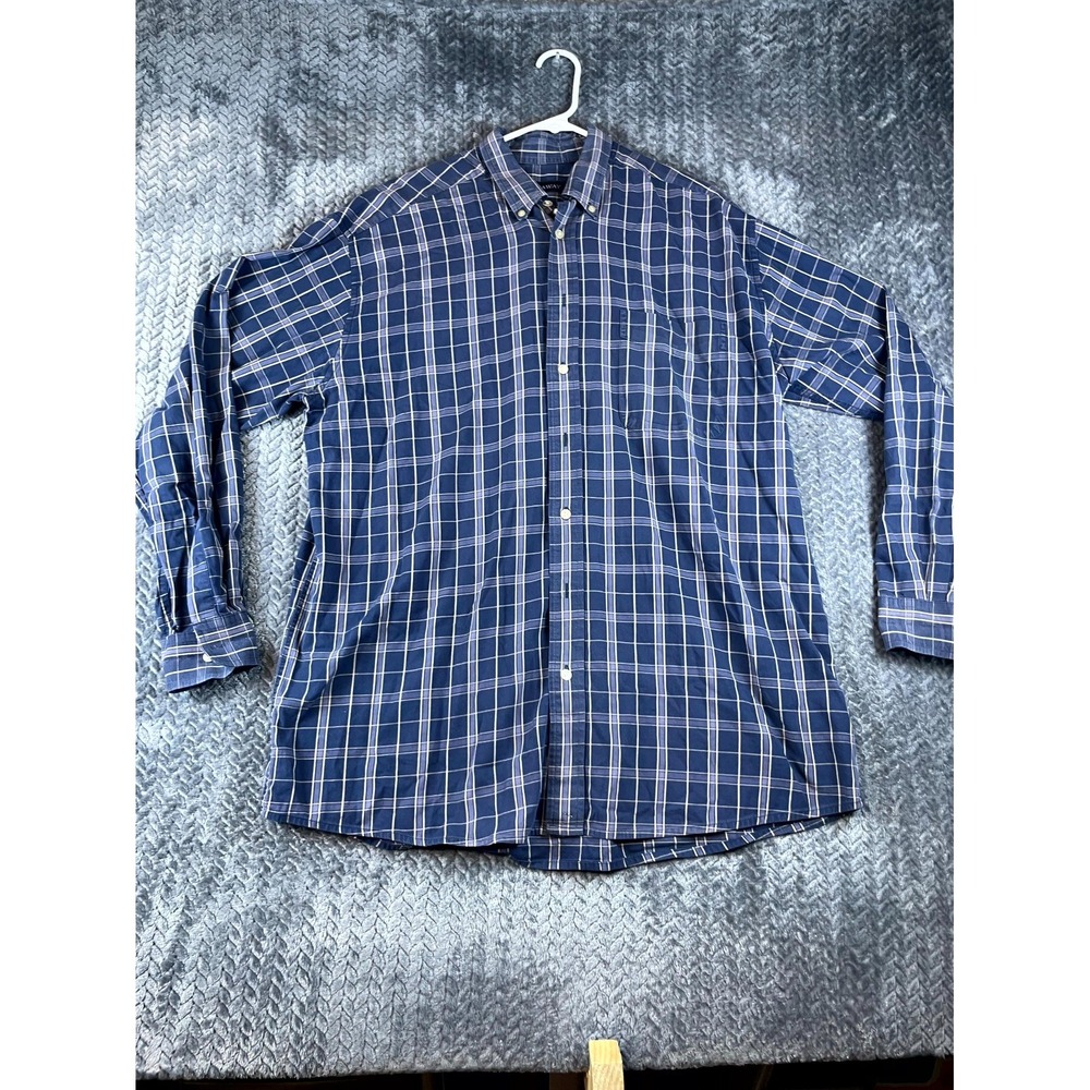 Hathaway Shirt Mens XL Blue Plaid Cotton Pockets Long Sleeve Casual Button Down